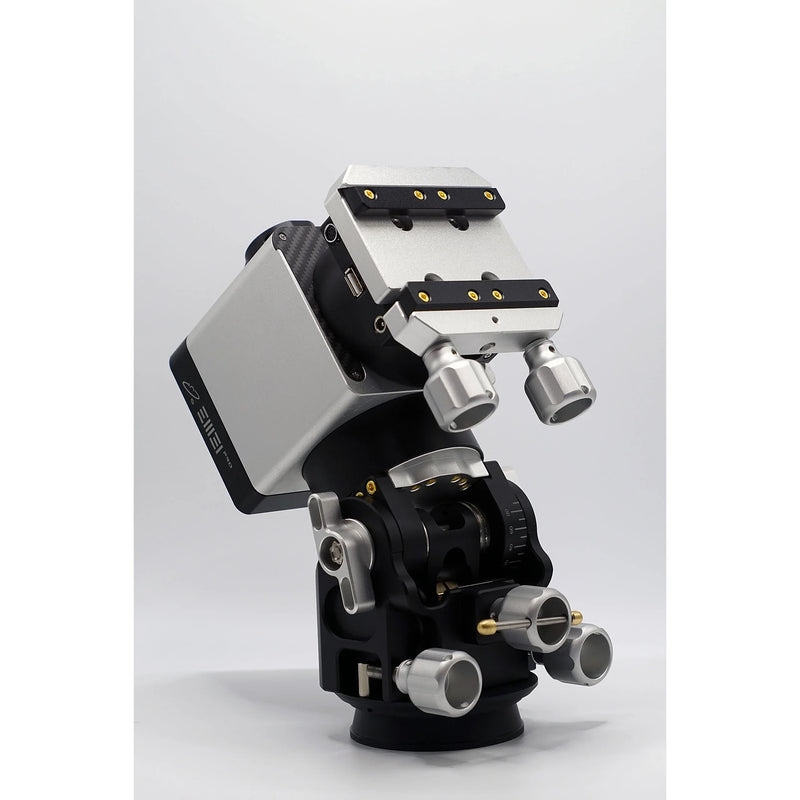 Precision equatorial telescope mount for astrophotography, silver and black with adjustment knobs