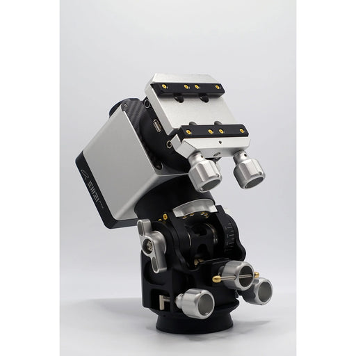 Precision equatorial telescope mount for astrophotography, silver and black with adjustment knobs