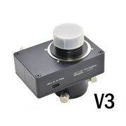 The image shows the Astronomy Plus eADC V3 Electronic Atmospheric Dispersion Corrector, a device designed for advanced astrophotography and high-precision visual observation.