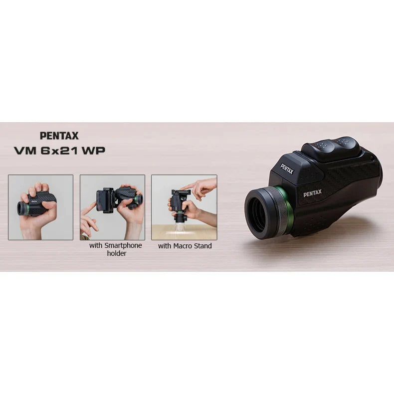 Pentax VM 6x21 WP Monocular Premium Kit - Macro Stand/Smartphone Holder (62621) - Astronomy Plus