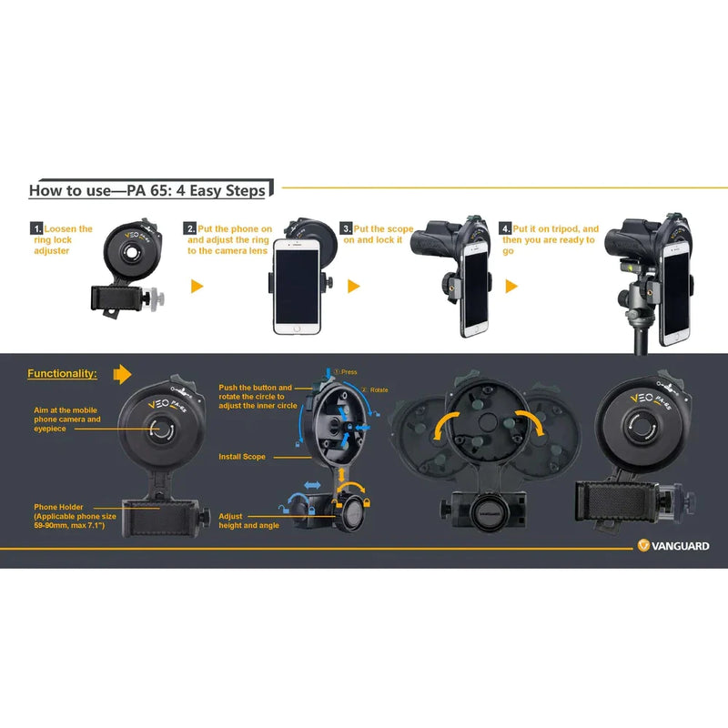 VEO PA-65 Digiscoping Adapter for Smartphone, with Bluetooth Remote (VEO-PA-65) - Astronomy Plus
